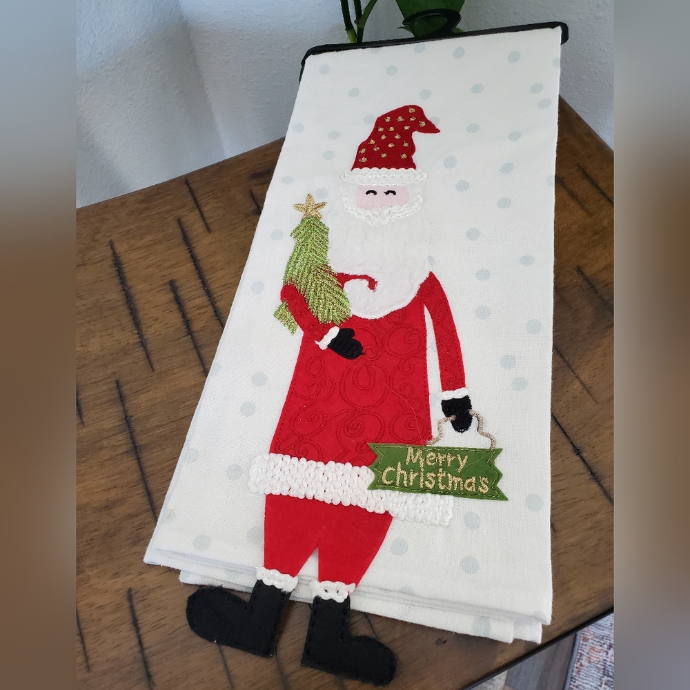 NEW Santa Claus Embroidered Applique Christmas Kitchen Towel Dangle Legs
